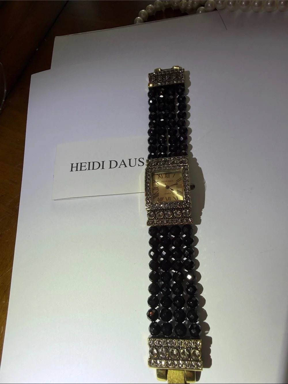 Vintage Heidi Daus Vintage Black Crystal Multi-Strand Bracelet Watch Gold Face